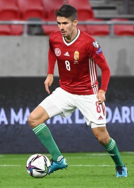 Hungary's midfielder Adam Nagy plays the ball during the World Cup 2022 qualifier football match between Hungary and Albania in Budapest on October...