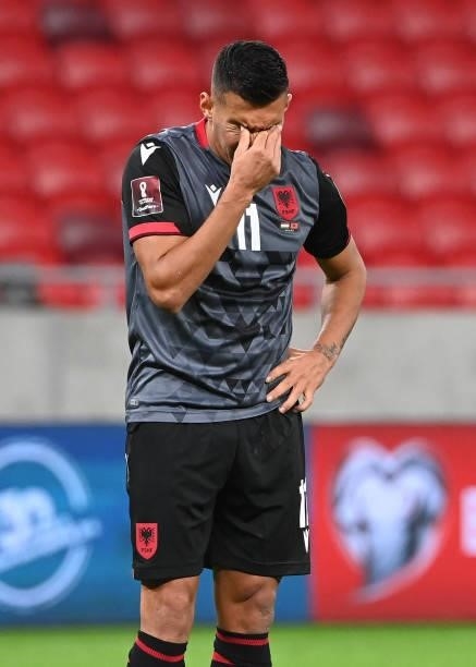Albania's forward Myrto Uzuni reacts during the World Cup 2022 qualifier football match between Hungary and Albania in Budapest on October 9, 2021.