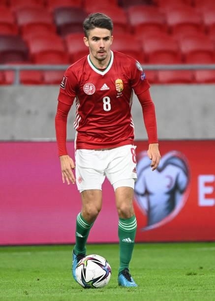 Hungary's midfielder Adam Nagy plays the ball during the World Cup 2022 qualifier football match between Hungary and Albania in Budapest on October...