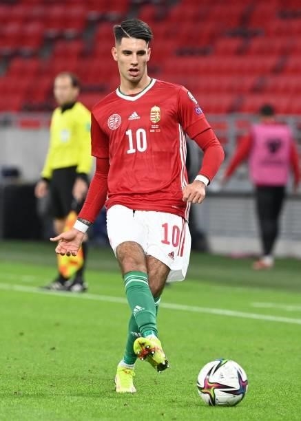 Hungary's midfielder Dominik Szoboszlai plays the ball during the World Cup 2022 qualifier football match between Hungary and Albania in Budapest on...