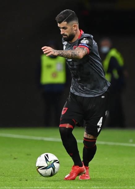 Albania's midfielder Endri Cekici controls the ball during the World Cup 2022 qualifier football match between Hungary and Albania in Budapest on...