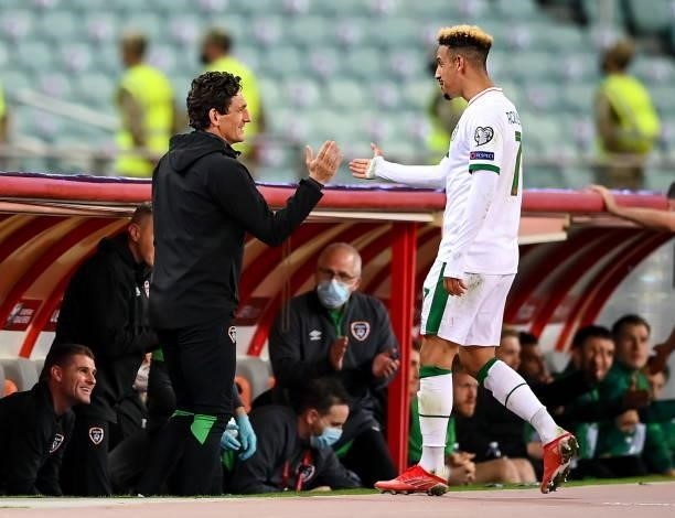 Baku , Azerbaijan - 9 October 2021; Callum Robinson of Republic of Ireland with coach Keith Andrews during the FIFA World Cup 2022 qualifying group A...
