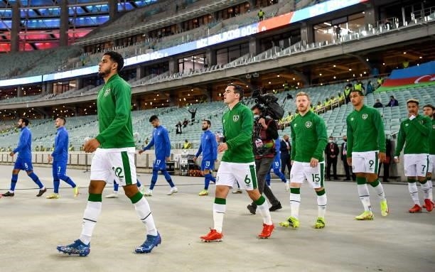 Baku , Azerbaijan - 9 October 2021; Andrew Omobamidele of Republic of Ireland walks out before the FIFA World Cup 2022 qualifying group A match...