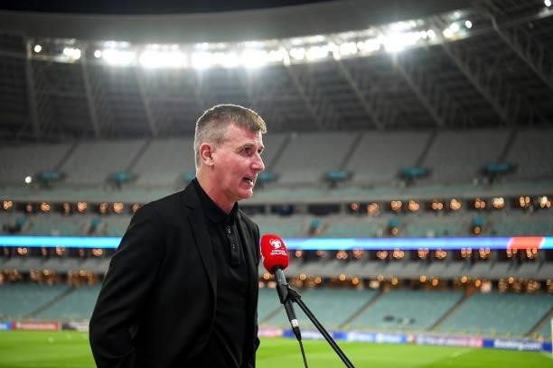 Baku , Azerbaijan - 9 October 2021; Republic of Ireland manager Stephen Kenny speaks to RTÉ before the FIFA World Cup 2022 qualifying group A match...