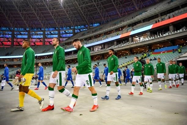 Baku , Azerbaijan - 9 October 2021; Republic of Ireland players, from left, Gavin Bazunu, Shane Duffy, Matt Doherty and Andrew Omobamidele walk out...