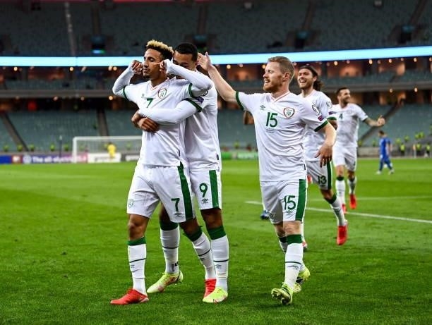 Baku , Azerbaijan - 9 October 2021; Callum Robinson of Republic of Ireland celebrates after scoring his side's first goal with team-mates Adam Idah...