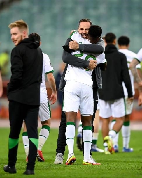 Baku , Azerbaijan - 9 October 2021; Republic of Ireland sports physiologist David Forde and Chiedozie Ogbene following the FIFA World Cup 2022...