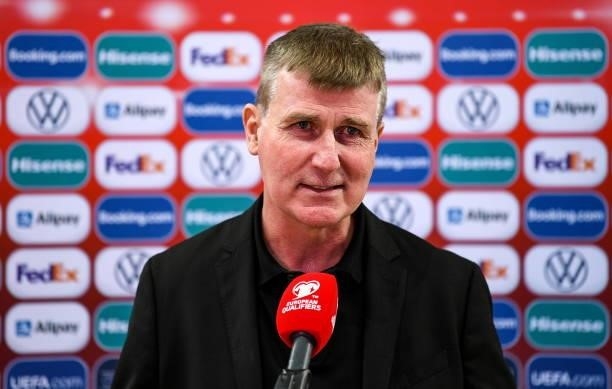 Baku , Azerbaijan - 9 October 2021; Republic of Ireland manager Stephen Kenny speaks to RTÉ following the FIFA World Cup 2022 qualifying group A...