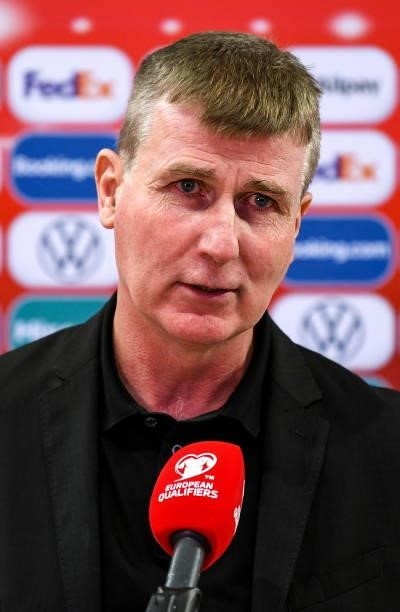 Baku , Azerbaijan - 9 October 2021; Republic of Ireland manager Stephen Kenny speaks to RTÉ following the FIFA World Cup 2022 qualifying group A...