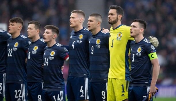 The Scotland players line up before a FIFA World Cup Qualifier between Scotland and Israel at Hampden Park, on October 09 in Glasgow, Scotland.