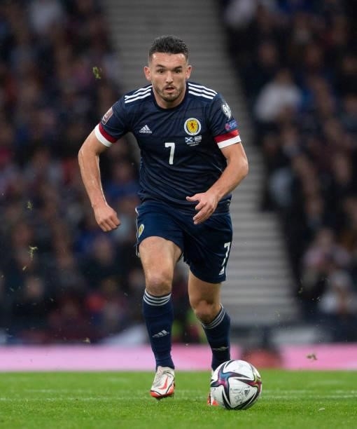 John McGinn in action for Scotland during a FIFA World Cup Qualifier between Scotland and Israel at Hampden Park, on October 09 in Glasgow, Scotland.