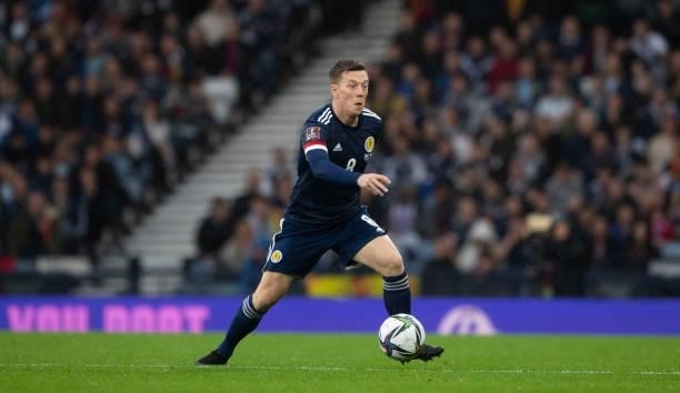 Callum McGregor in action for Scotland during a FIFA World Cup Qualifier between Scotland and Israel at Hampden Park, on October 09 in Glasgow,...
