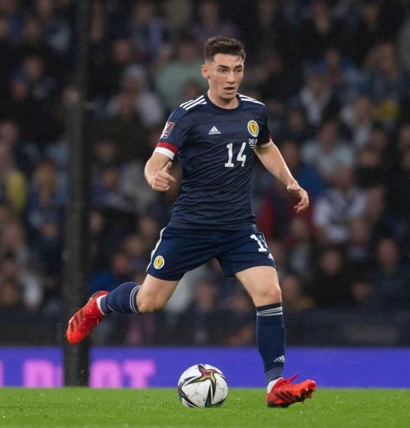 Billy Gilmour in action for Scotland during a FIFA World Cup Qualifier between Scotland and Israel at Hampden Park, on October 09 in Glasgow,...