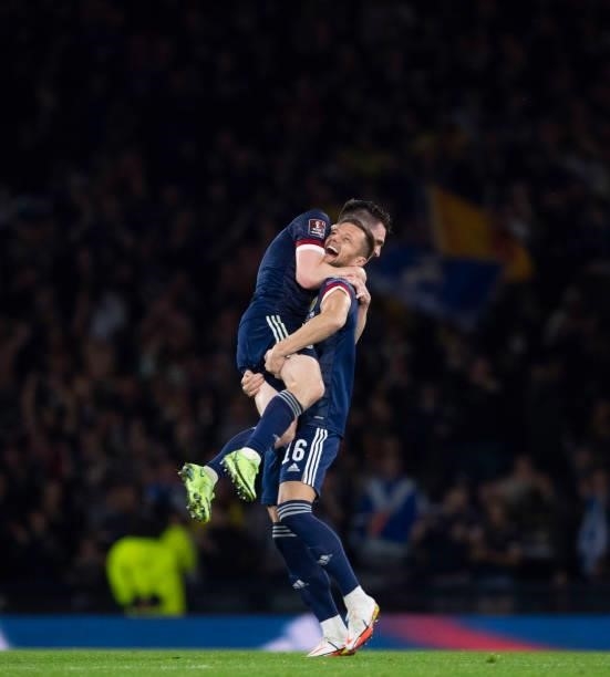 Liam Cooper and Andrew Robertson after a FIFA World Cup Qualifier between Scotland and Israel at Hampden Park, on October 09 in Glasgow, Scotland.