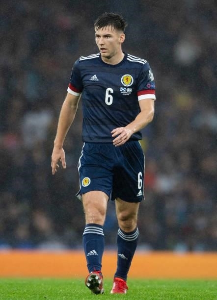 Kieran Tierney in action for Scotland during a FIFA World Cup Qualifier between Scotland and Israel at Hampden Park, on October 09 in Glasgow,...
