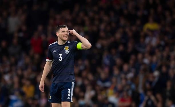 Andrew Robertson in action for Scotland during a FIFA World Cup Qualifier between Scotland and Israel at Hampden Park, on October 09 in Glasgow,...