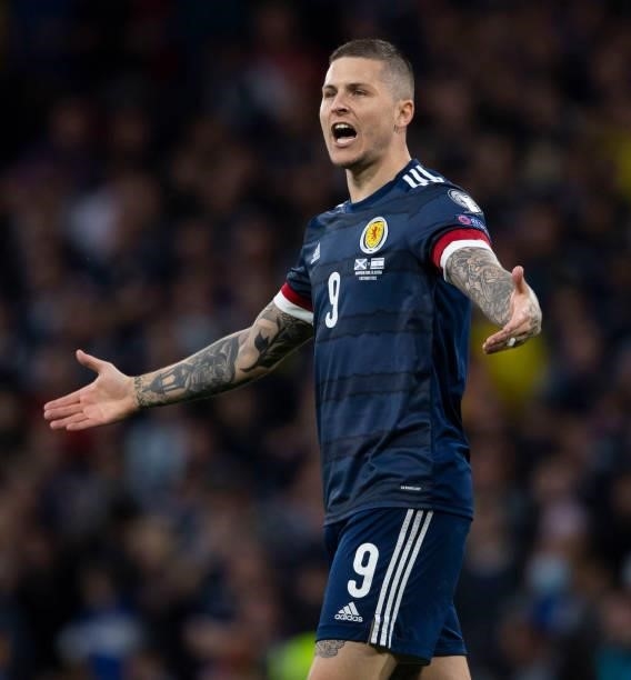Lyndon Dykes in action for Scotland during a FIFA World Cup Qualifier between Scotland and Israel at Hampden Park, on October 09 in Glasgow, Scotland.