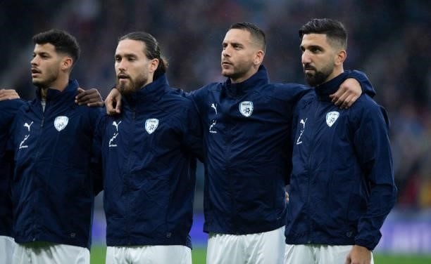 The Israel players line up before a FIFA World Cup Qualifier between Scotland and Israel at Hampden Park, on October 09 in Glasgow, Scotland.