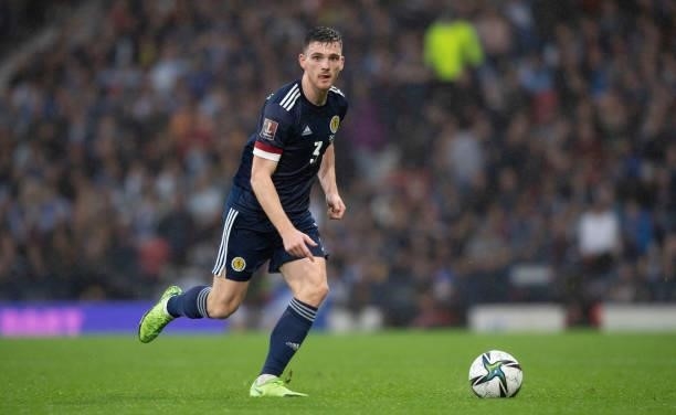 Andrew Robertson in action for Scotland during a FIFA World Cup Qualifier between Scotland and Israel at Hampden Park, on October 09 in Glasgow,...
