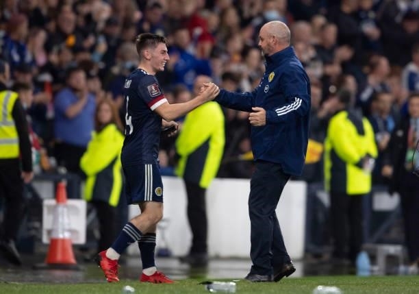 Steve Clarke and Billy Gilmour after a FIFA World Cup Qualifier between Scotland and Israel at Hampden Park, on October 09 in Glasgow, Scotland.