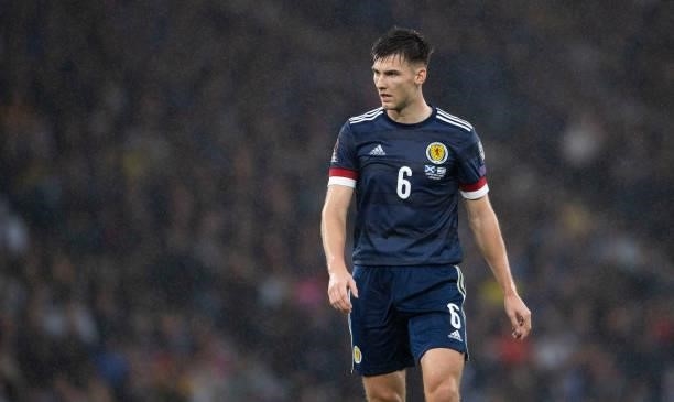 Kieran Tierney in action for Scotland during a FIFA World Cup Qualifier between Scotland and Israel at Hampden Park, on October 09 in Glasgow,...