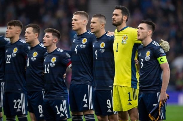 The Scotland players line up before a FIFA World Cup Qualifier between Scotland and Israel at Hampden Park, on October 09 in Glasgow, Scotland.