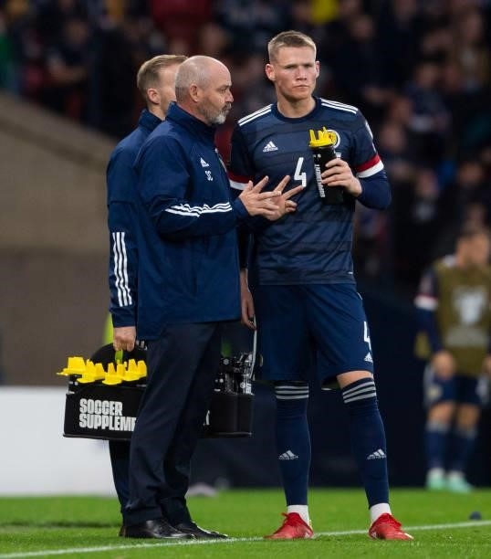 Steve Clarke and Scott McTominay during a FIFA World Cup Qualifier between Scotland and Israel at Hampden Park, on October 09 in Glasgow, Scotland.