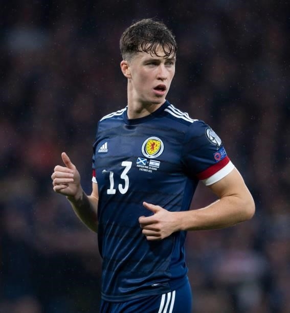 Jack Hendry in action for Scotland during a FIFA World Cup Qualifier between Scotland and Israel at Hampden Park, on October 09 in Glasgow, Scotland.