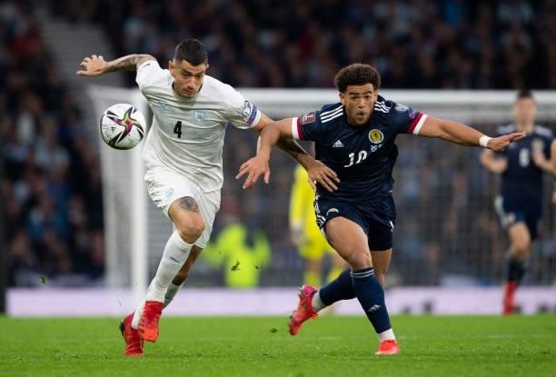 Nir Bitton battles with Che Adams during a FIFA World Cup Qualifier between Scotland and Israel at Hampden Park, on October 09 in Glasgow, Scotland.