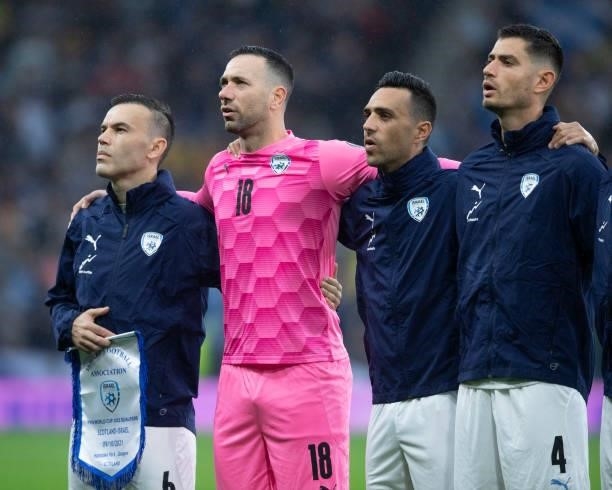 The Israel players line up before a FIFA World Cup Qualifier between Scotland and Israel at Hampden Park, on October 09 in Glasgow, Scotland.