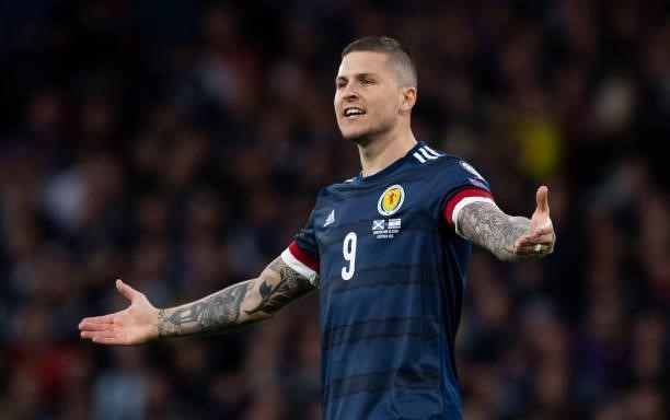 Lyndon Dykes in action for Scotland during a FIFA World Cup Qualifier between Scotland and Israel at Hampden Park, on October 09 in Glasgow, Scotland.