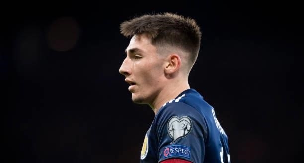 Billy Gilmour in action for Scotland during a FIFA World Cup Qualifier between Scotland and Israel at Hampden Park, on October 09 in Glasgow,...