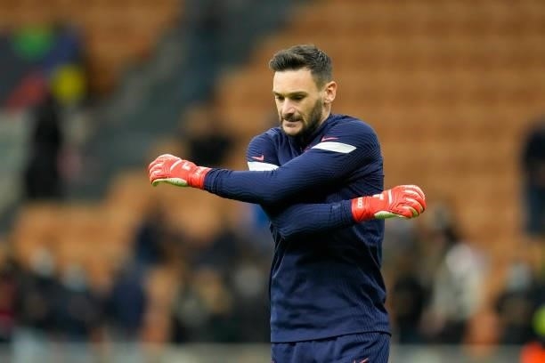 Goalkeeper Hugo Lloris of France warms up prior to the UEFA Nations League Final match between the Spain and France at San Siro Stadium on October...