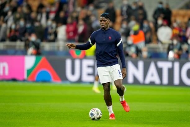 Paul Pogba of France warms up prior to the UEFA Nations League Final match between the Spain and France at San Siro Stadium on October 10, 2021 in...