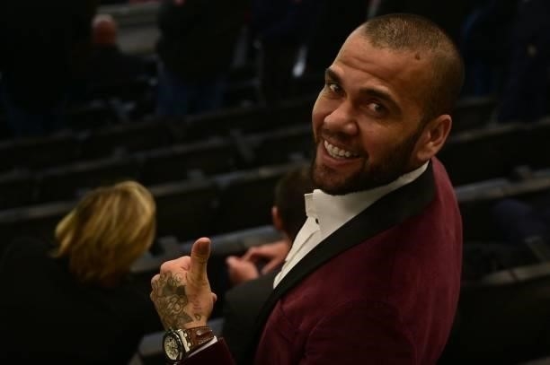 Brazilian football player Dani Alves poses ahead of the Nations League final football match between Spain and France at San Siro stadium in Milan, on...
