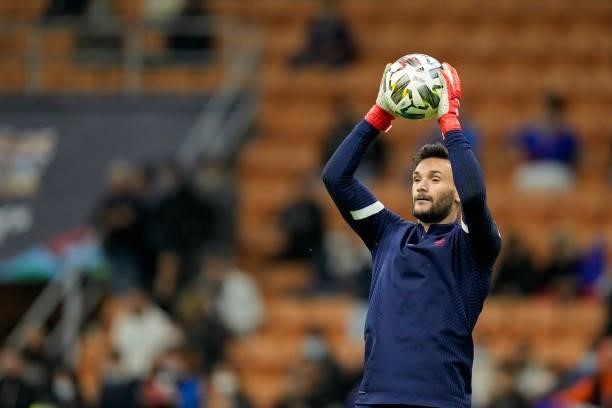 Goalkeeper Hugo Lloris of France warms up prior to the UEFA Nations League Final match between the Spain and France at San Siro Stadium on October...
