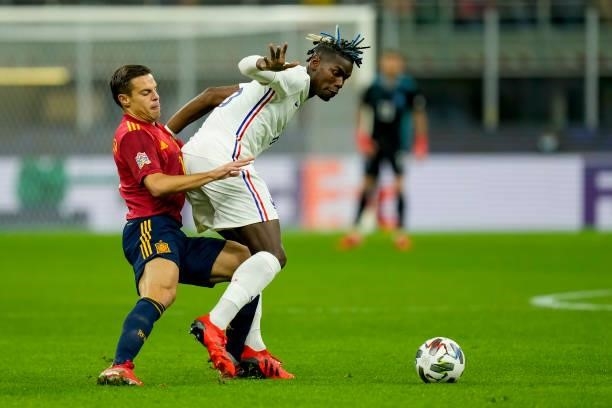 Cesar Azpilicueta of Spain and Paul Pogba of France battle for the ball during the UEFA Nations League Final match between the Spain and France at...