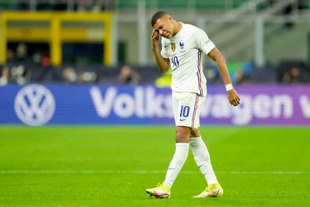 Kylian Mbappe of France looks on during the UEFA Nations League Final match between the Spain and France at San Siro Stadium on October 10, 2021 in...