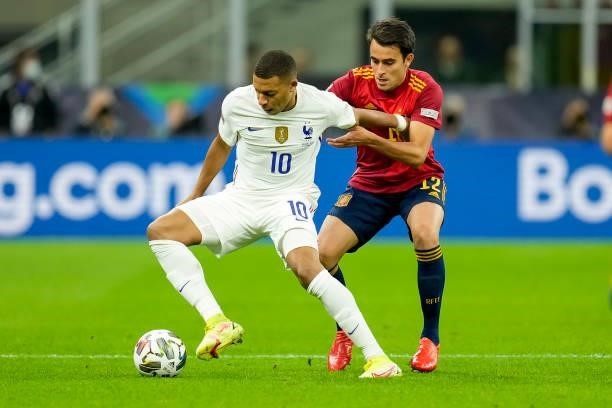Kylian Mbappe of France and Eric Garcia of Spain battle for the ball during the UEFA Nations League Final match between the Spain and France at San...