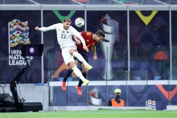 Theo Hernandez of France and Cesar Azpilicueta of Spain battle for the ball during the UEFA Nations League Final match between the Spain and France...