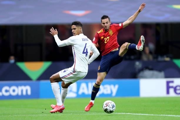 Raphael Varane of France and Pablo Sarabia of Spain battle for the ball during the UEFA Nations League Final match between the Spain and France at...