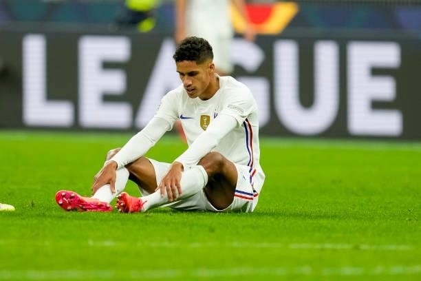 Raphael Varane of France on the ground during the UEFA Nations League Final match between the Spain and France at San Siro Stadium on October 10,...