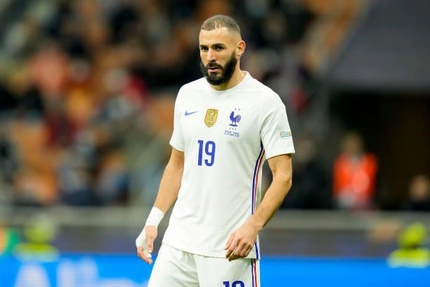 Karim Benzema of France looks on during the UEFA Nations League Final match between the Spain and France at San Siro Stadium on October 10, 2021 in...