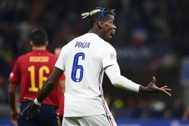 France's midfielder Paul Pogba reacts during the Nations League final football match between Spain and France at San Siro stadium in Milan, on...
