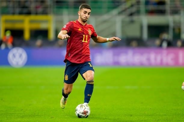 Ferran Torres of Spain controls the ball during the UEFA Nations League Final match between the Spain and France at San Siro Stadium on October 10,...