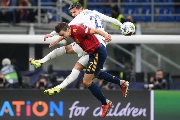 France's defender Theo Hernandez vies with Spain's defender Cesar Azpilicueta during the Nations League final football match between Spain and France...