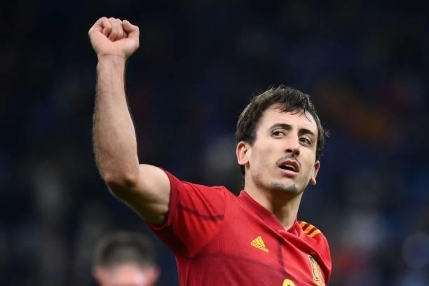 Spain's forward Mikel Oyarzabal celebrates after scoring a goal during the Nations League final football match between Spain and France at San Siro...