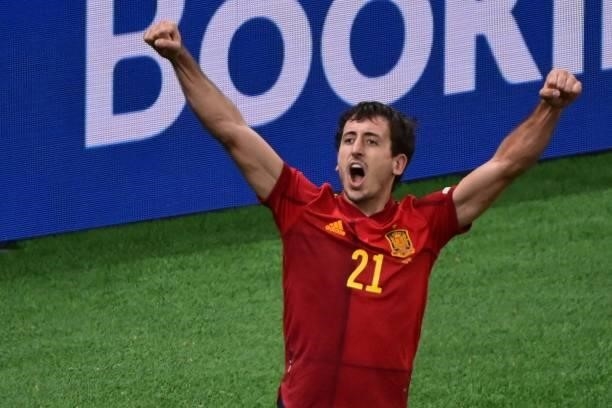 Spain's forward Mikel Oyarzabal celebrates after scoring a goal during the Nations League final football match between Spain and France at San Siro...