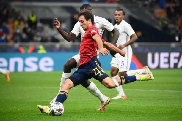 Spain's forward Mikel Oyarzabal scores a goal during the Nations League final football match between Spain and France at San Siro stadium in Milan,...