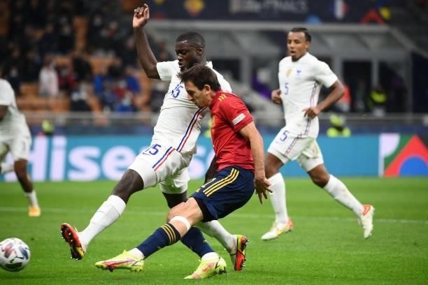 Spain's forward Mikel Oyarzabal scores a goal during the Nations League final football match between Spain and France at San Siro stadium in Milan,...